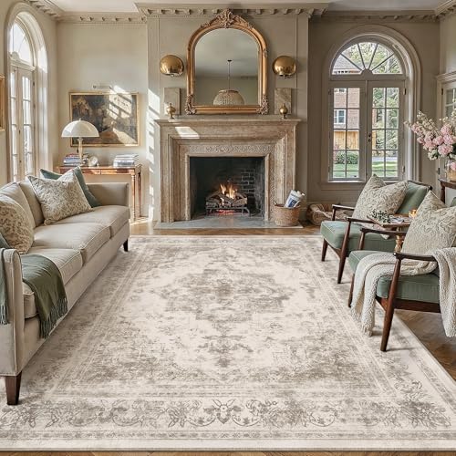 Area Rug 8x10 Beige Washable Living Room Carpet Non Slip Vintage Medallion Indoor Bedroom Carpet Low Pile Soft Retro Distressed Large Rug Home Office