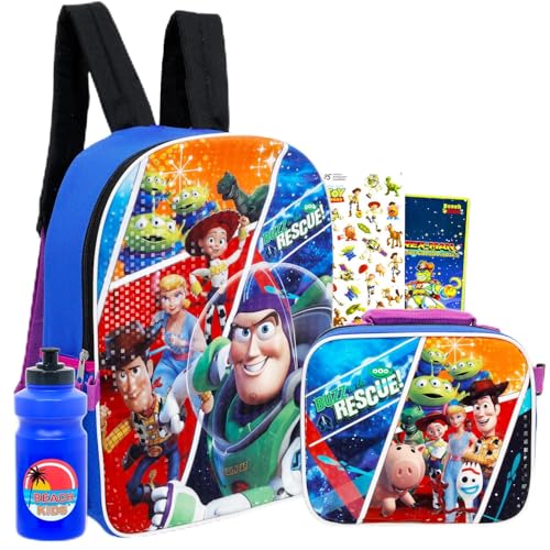 Mochila Toy Story com lancheira – Pacote com mochila Disney de 40,6 cm, lancheira, garrafa de água, adesivos, mais | Conjunto de mochila escolar Toy Story para crianças, meninos