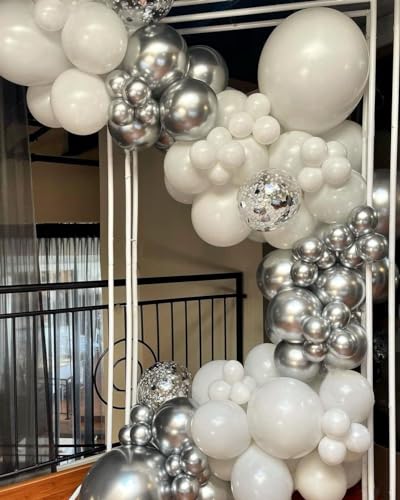 Image of White and Silver Balloon Arch Kit, 140Pcs White Metallic Silver and Silver Confetti Party Balloon Garland Kit for Birthday, Wedding, Engagements, Baby Shower, Anniversary Party Decorations