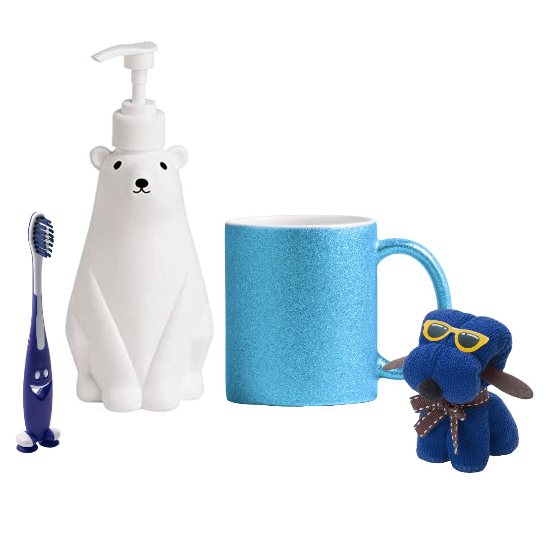 Pack Dispensador jabon Infantil para niños con Forma de Osito Polar, Cepillo de Dientes, Taza y Toalla con Forma de Perrito, Dosificador de jabon de 450ml para jabón líquido, champú Ideal para baño