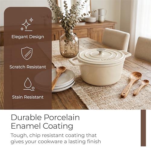 Image of Lifelong Enamel Cast Iron Casserole with Lid (3.8L, 24cm) | Oven, Gas & Induction Compatible | Slow Cooking, Even Heat Distribution, Nontoxic, Durable, Naturally Nonstick, No Stains or Scratch (Ivory)
