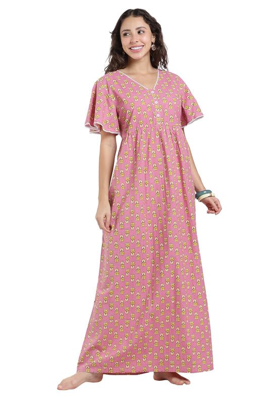 naidu hall Women’s Cotton Nighty Printed A Line Nighty for Women Night Gown V Neck Short Sleeve Sleepwear for Women-picture-21