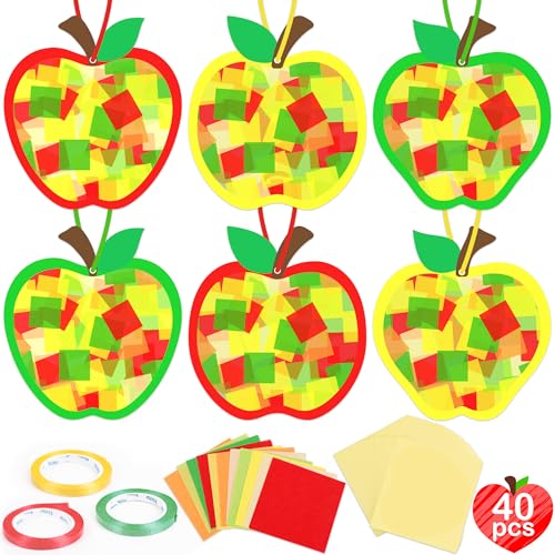 Renbuzhu 40PCS Back to School Apple-Shaped Crafts Bulk: Tissue Paper Sign Suncatchers First Day of Classroom Activities DIY Kit Fall Decorations Window Stained Glass Effect Art Supplies