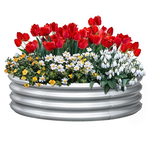 KING BIRD Raised Garden Bed Galvanized Round Planter Box Outdoor for Gardening, Plants, Vegetables, Flowers, Silver, 47.3x47.3x11.8 in