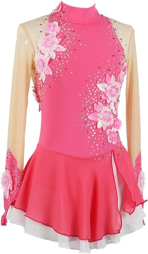 Figure Skating Dress for Woman,Girls'Shiny Rhinestones and Lace Flower Ice Skating Competition Performance Dress