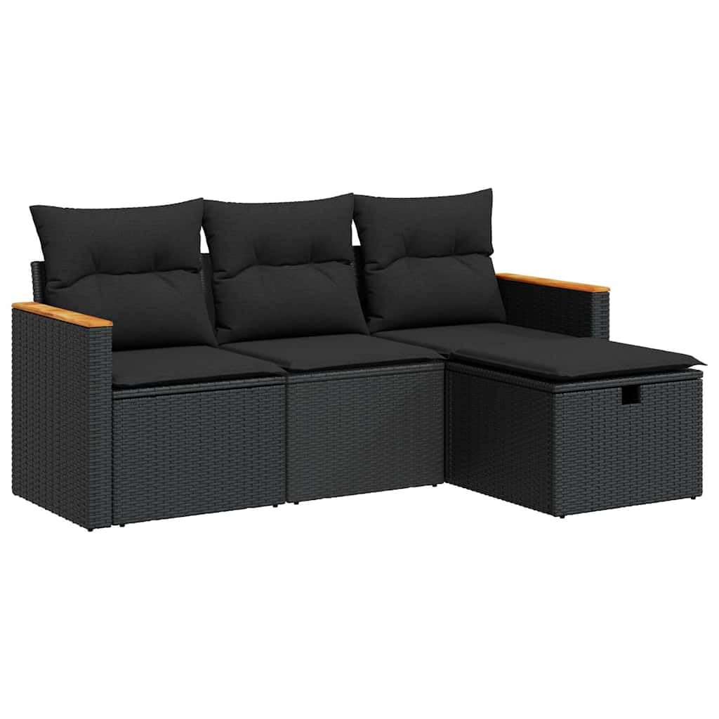 Salon de jardin 4 pcs avec coussins noir résine tressée confortable pour terrasse