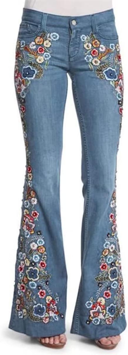 Womens Mid Rise Floral Embroidered Bell Bottom Flare Jeans Vintage Bootcut Jeans Skinny Fit Denim Pants