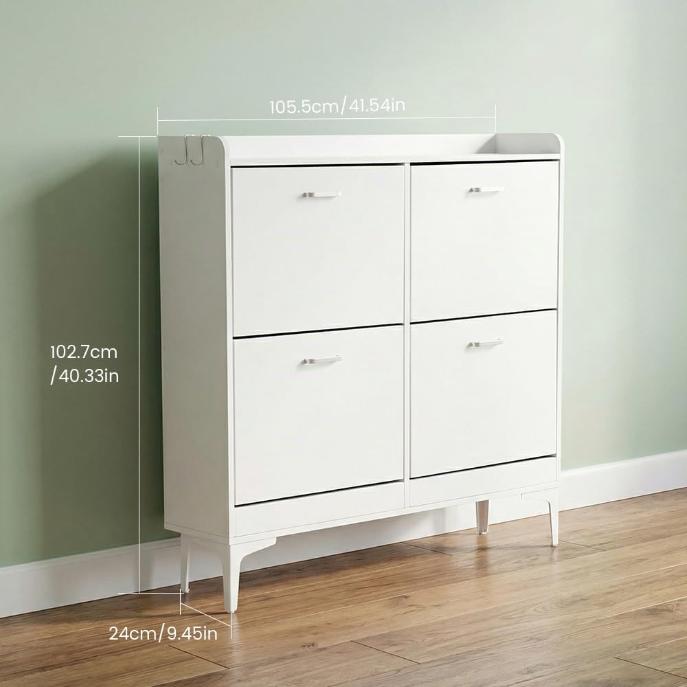 EGGREE Zapatero Estrecho con 4 Puertas Abatibles y Estantes Regulables, Mueble de Almacenamiento Blanco para Entrada, Salón, Dormitorio,105x24x102 cm