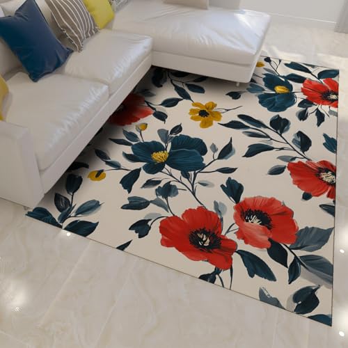 Tapis lavable fleurs rouges 90x150cm carpette antidérapante - 3