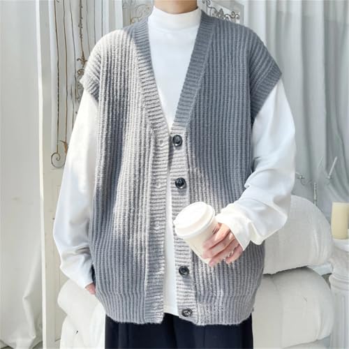Men's Sweater Vest V-Neck Solid Color Sleeveless Knitted Button Cardigan Vest Casual Cable Knit Sweater4