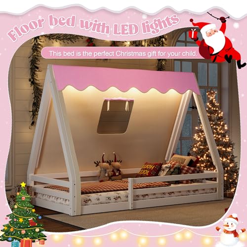 Image of CZBZ Twin Size House Floor Bed with Canopy Tent and LED Lights, Wood Teepee Montessori Floor Beds Frame with Guardrails for Kids, Playhouse Design for Safe Sleep & Imaginative Play