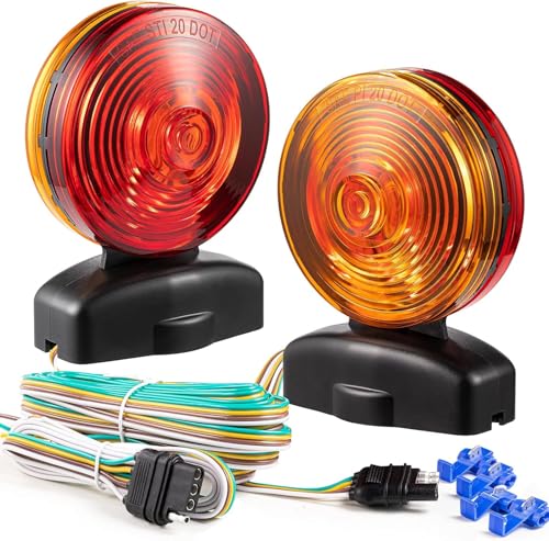 12V Magnetic Trailer Lights Two Sided Red & Amber Magnetic Tow Lights Kit 20' Feet 55lb Magnet Strength, Turn Brake Running Light for Trailer RV Truck Car Bike Tow Dolly