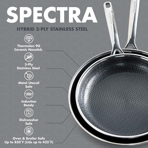 Image of GreenPan Spectra 10 Piece Cookware Set,Hybrid Tri-Ply Stainless Steel, PFAS-Free Ceramic Nonstick Textured Cooking Surface,Induction Pots & Pans with Lids, Dishwasher Safe,Oven & Broiler Temp to 850˚F
