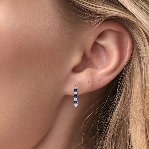 Gem Stone King 1.56 Cttw Blue Created Sapphire and White Moissanite Hoop Earrings for Women | 925 Sterling Silver | 3MM Princess Cut | 20MM | Fine Jewelry Gifts for Her Mom Women Wife4