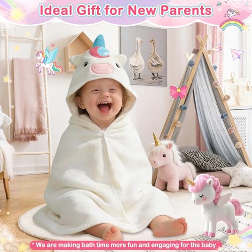 Image of 4PCS Baby Bath Towels Set for Infants Essentials, Baby Towels Set(Unicorn) | 1xBaby Towels & 3xWashcloths Set, Animal Hooded Baby Bath Towels, Baby Bath Essentials, Newborn Shower Gifts for Boys & Girls
