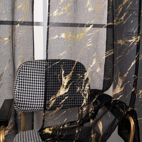 Sutuo Home Marble Sheer Curtains 96 Inch Long 2 Panels Set, Gold Foil Print Metallic Bronzing, Privacy Window Treatment Abstract Drape Pair for Bedroom Kitchen Living Room 52″ W x 96″ L, Black