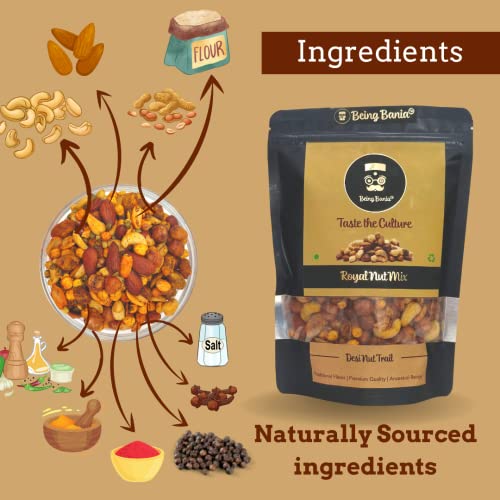 Image of Being Bania Royal Nut Mix | No Palmolein Oil | Cashews, Almonds, Peanuts, Chickpeas, Green Gram Mix | Kaju Badaam Namkeen | Desi Trail Mix | Premium Namkeen Chakna | 280g each (Pack of 2)