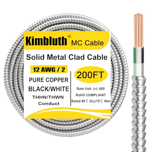 Image of 12 /2 Metal Clad (MC) Cable with Ground 200ft, 12 Gauge Electric Wire with Aluminum Armor, Solid Bare Copper Conductors for Indoor Outdoor Underground Embedded Installation (12 /2, 200 FT)