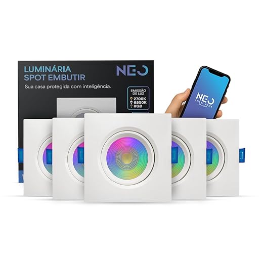 Kit 1 ou 5 Spot Led Smart Inteligente Wi-fi 2.4 GHz Embutir 5w RGB 110v/220v Redondo ou Quadrado Branco Neo Avant (Quadrado, 5)
