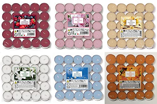 Aladino 150 Tea Lights Candles Scented Tealights- 25 x 6 Scents Mixed Pack - Cotton Flowers, Mixed Berries, Citrus, Rose, Lavender & Cinnamon