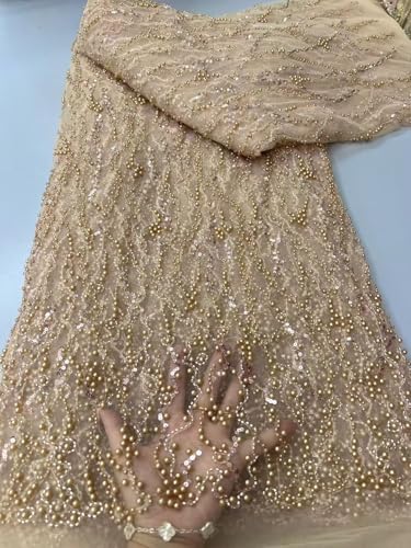 African Beaded Lace Fabric, 5 Yards, French Tulle with Sequins and Pearls for Evening Dresses (Champagne)