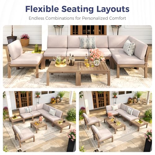 Image of Outdoor Patio Chairs Set of 2, HIPS Modular Sectional Seatings & Thick Cushions- Side Interlock Easy to Connect, Weatherproof Patio Furniture Set for Backyard, Deck, Poolside (Teak)