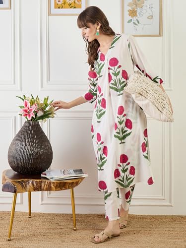 Image of INDO ERA Women's White Pure Cotton Printed Straight Kurta & Pant Set (KS0WH6702)