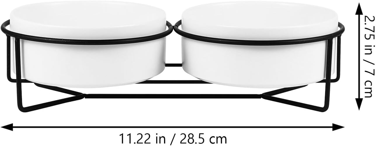 Ceramic Pet Feeder Double Bowl with Raised Iron Stand 13cm, Anti-Spill Cat and Dog Feeding Bowl Set for Home Use