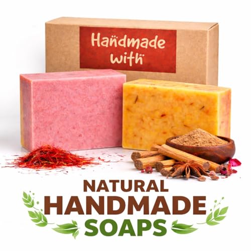 Image of Sandalwood Saffron Goat Milk Soap Bar with Natural Ingredients, Handmade Herbal Bath Soap for Skin Brightening, Moisturizing, and Acne-Prone Skin, 100g, Pack of 2