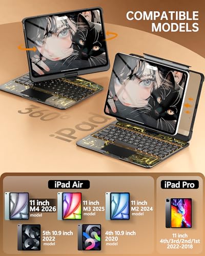 Image of Intermerge Transparent Case with Keyboard for iPad Air 11 inch(M4 / M3 / M2, 2026 /2025 / 2024), Air 5th /4th, Pro 11 inch 2022-2018, 360 Swivel Multi-Touch Trackpad, 7-Color Backlit, Pencil Holder, Shadow Pulse