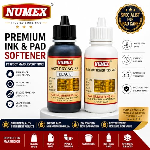 Image of NUMEX Gold Jet Black Batch Printing Fast Drying Liquid & Softener Combo (100ml x 2) | Permanent Coding | Smooth Flow | Since 1976