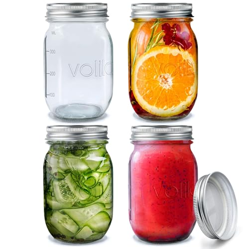 Volila Tarros De Cristal Con Tapa - 490ml Mason Jars Frascos De Vidrio Pack de 4 - Botes Pequeños para Avena Nocturna y Mermelada Casera