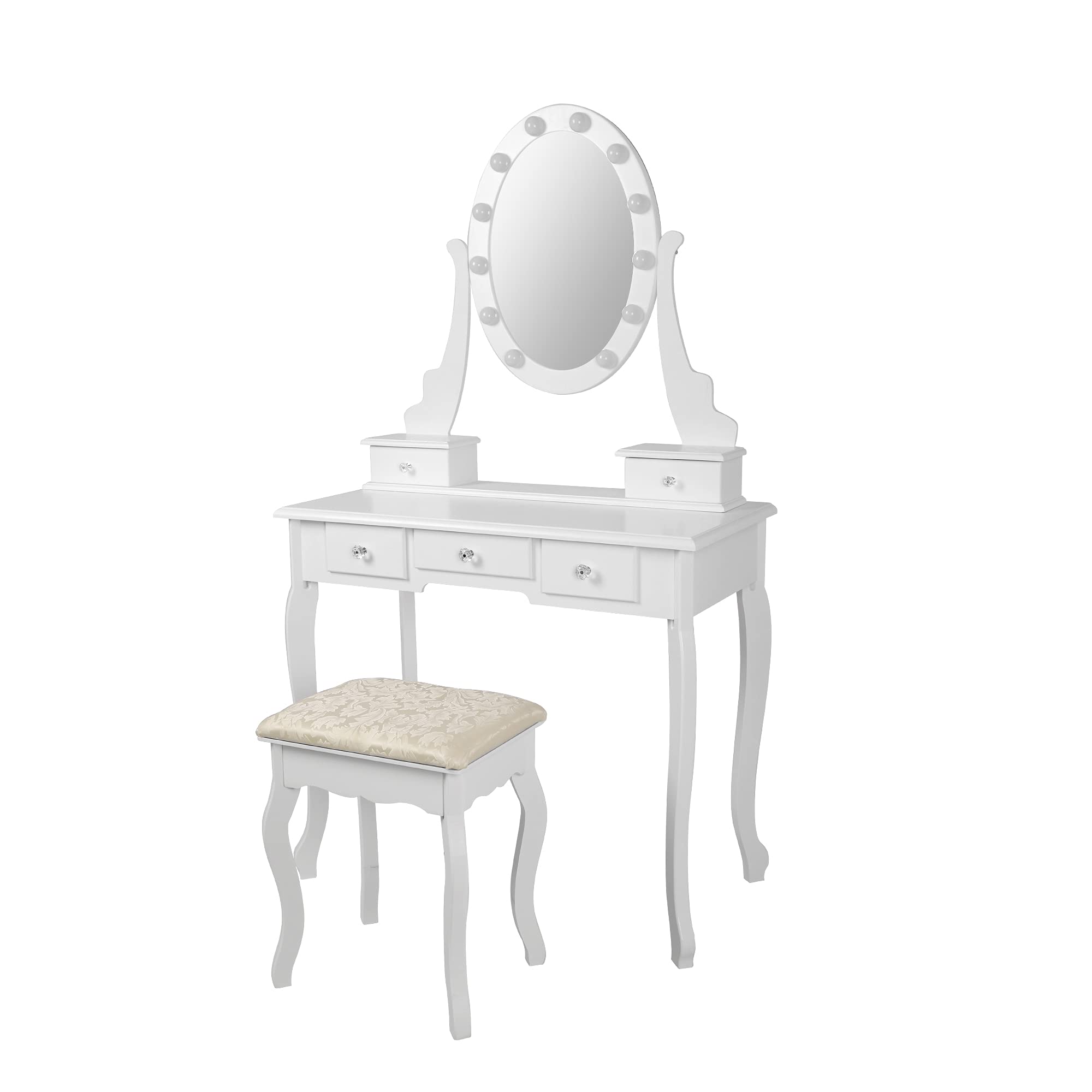 ML-Design Tavolo Cosmetico con Illuminazione a LED da Trucco Toletta Bianco con Sgabello Confortevole in Ecopelle con Specchio e 5 Cassetti 75 x 140 x 40 cm Tavolino Make-up in Legno MDF