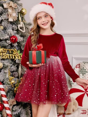 JISISANG Tutu Velvet Dresses A-line Long Sleeve Girls Formal Wedding Guest Brithday Party Christmas Dress 3-72
