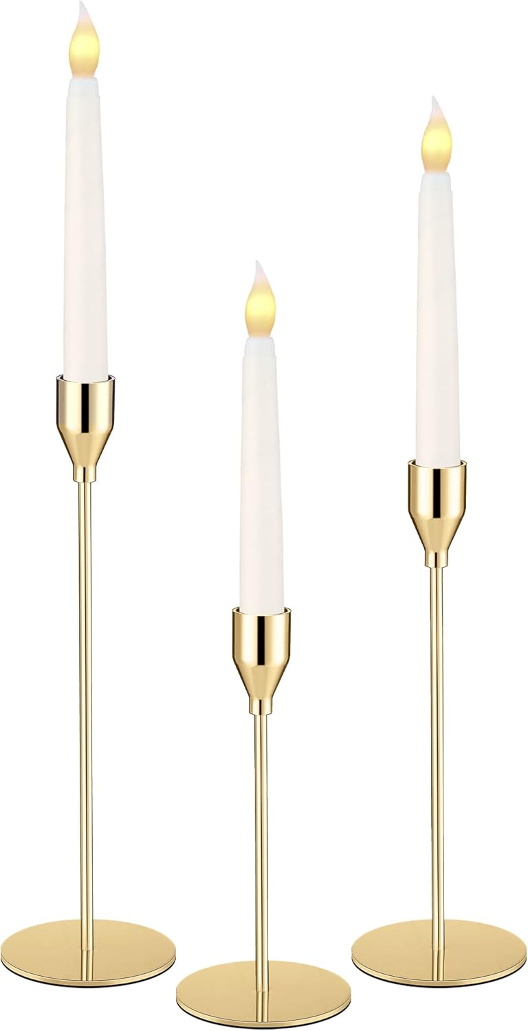 3 Set Gold Taper Candle Holder with LED Taper Candles