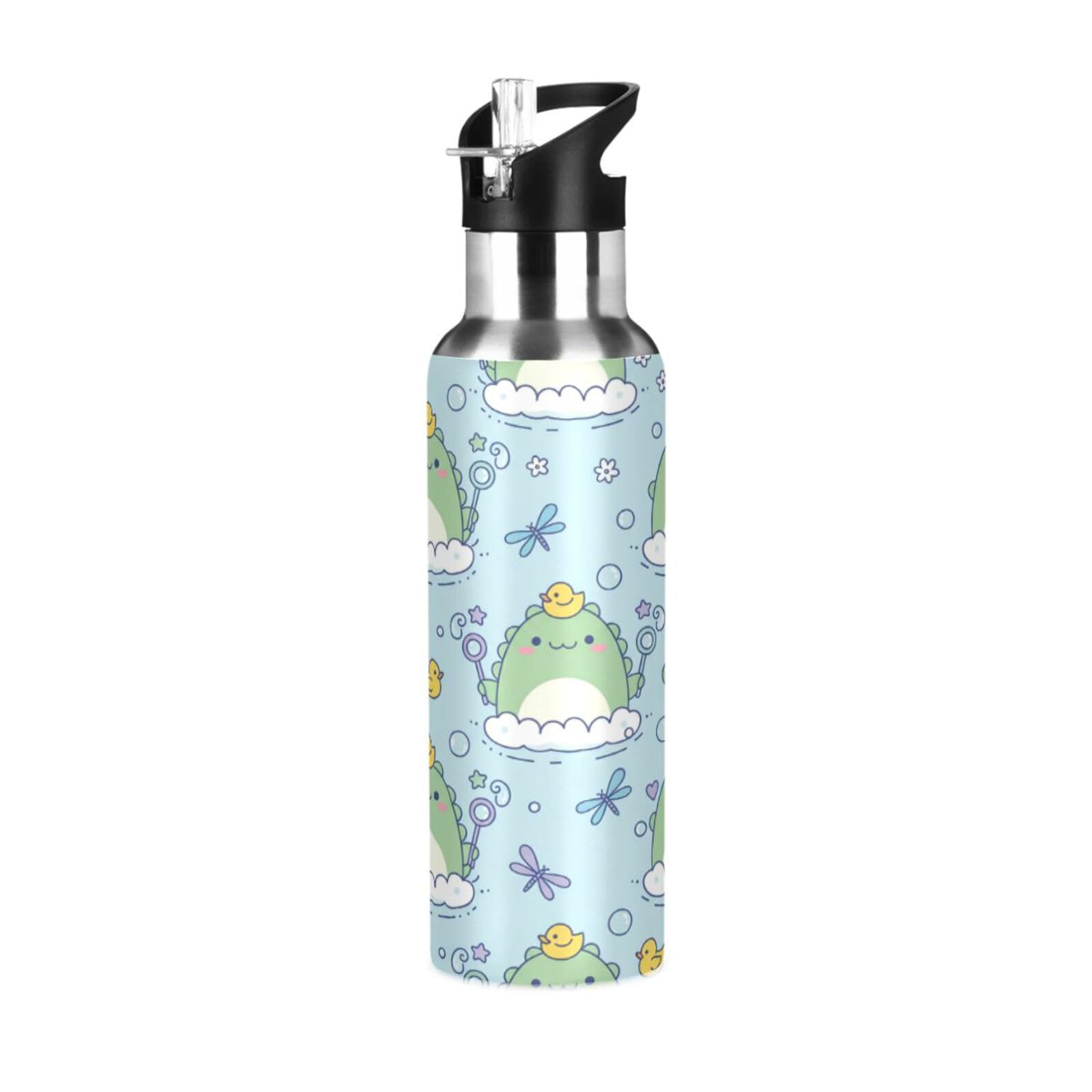 BOESI Duck Crocodile Pattern Insulated Water Bottle 600ml, Stainless Steel Vacuum Sports Bottle with Straw, Leak Proof Thermal Bottle for Gym Travel Outdoor