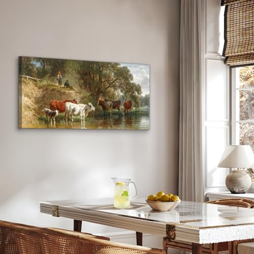 SERIMINO Large Wall Art for Living Room, Riverside Animal Landscape Vintage Wall Decor, Herding Cattle Pastoral Canvas Painting, Retro Cow Pictures Home Decor for Bedroom Kitchen, 24x48 Inch
