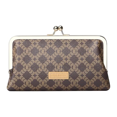 Women's RFID Clutch Wallet, Signature Coated Canvas & Vegetable-Tanned Cowhide Leather Kiss Lock Purse, Multi-Card Holder 5468 (Coffee)