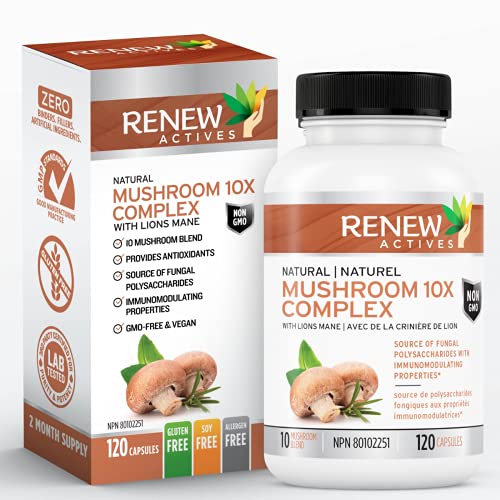 Renew Actives Mushroom Complex Supplement: Premium Mushroom 10X Complex with Reishi, Lions Mane, Cordyceps, Chaga, Turkey Tail, and Maitake for Energy, Immune, and Brain Support - 120 Veggie Capsules