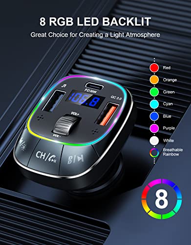 Riwusi Bluetooth Car Adapter, [Pd 30W+Qc 3.0] [Stronger Dual Mic & Bass Boost] Bluetooth 5.0 Fm Transmitter For Car, Hands-Free Music Player/Car Kit With Stunning 8 Colors Backlit & U Disk #TOP4