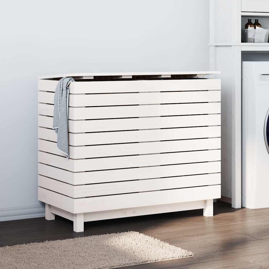 Wäschetruhe Weiß aus massivem Kiefernholz 88,5x44x76 cm mit Deckel und Tragegriff, Wäschesammler für Badezimmer Schlafzimmer Waschküche, Organizer mit Rollen und Trennwand