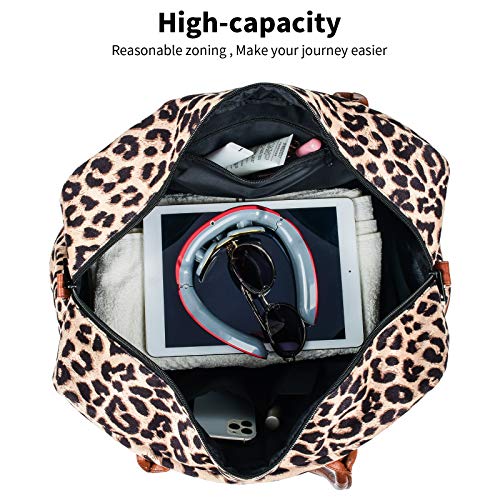 Weekend Bag for Women Leopard Travel Duffle Carry on Bags Overnight Tote with Zipper Luggage Sleeve(Brown)