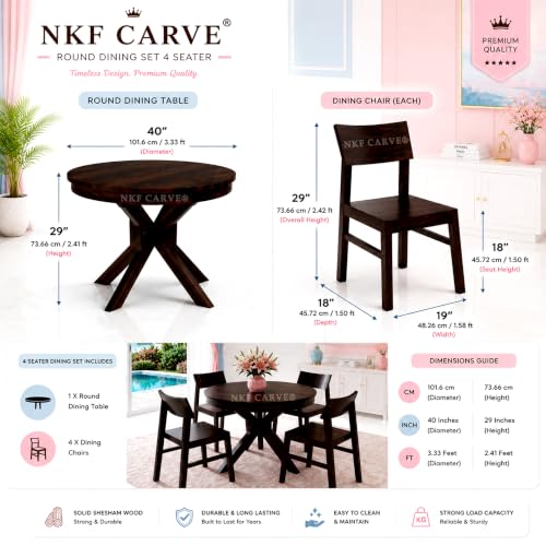 Image of Wooden Dining Table & Chair Set for 4 Person | Solid Sheesham Wood Round Dining Table with Curved Backrest Pattern Chairs | Modern & Trending Style Design for Home & Dining Room | Walnut Finish