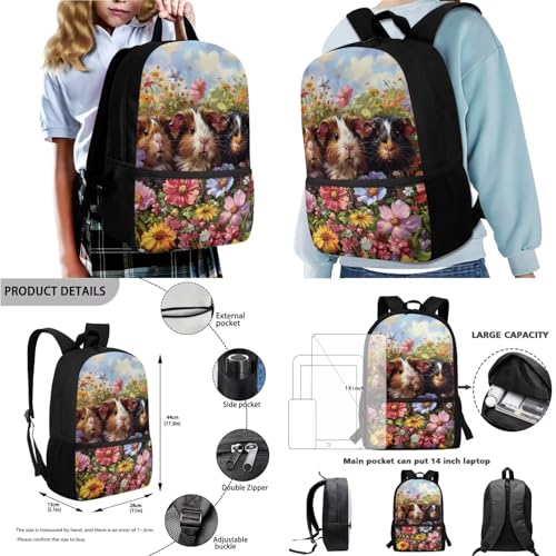 Guinea Pig Daisy Flower Print School Backpack Set, 4pcs Kids Bookbag with Lunch Box Pencil Case and Water Bottle Holder, Lightweight Schoolbag for Elementary School Students2