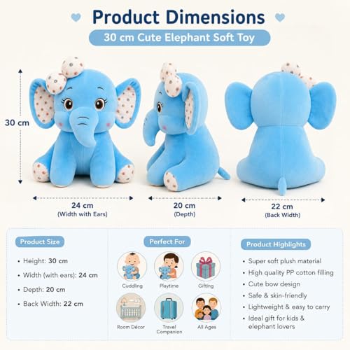 Image of Liquortees Elephant Soft Toys for Baby Girl, Teddy Bear Gift, Plushies Stuffed Toys, for Girls, Stuffed Toys, Teddy Bear Gift - 30 cm