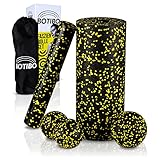 BOTIBO | Faszienrolle für Rücken, Wirbelsäule & Nacken − 4-tlgs. Faszien Set aus 2 Rollen, Twinball & Ball − Inkl. Tragetasche & Übungsposter (Schwarz/Gelb)