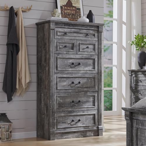 Image of Farmhouse 7 Drawers Dresser for Bedroom, 57 inch Tall Large Dressers & Chests of Drawers w /Roman Column, Storage Dressers Organizer for Bedroom, Hallway, Living Room, Light Grey