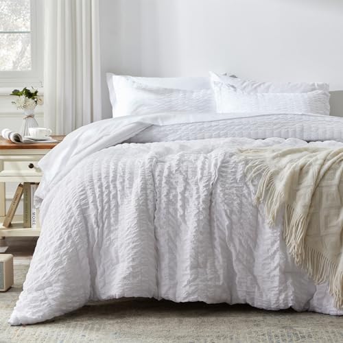 Image of Zzlpp King Comforter Set 7 Pieces, White Seersucker Bed in a Bag with Comforter and Pillowcases, All Season Bedding Sets with 1 Comforter, 2 Pillow Shams, 2 Pillowcases, 1 Fitted Sheet