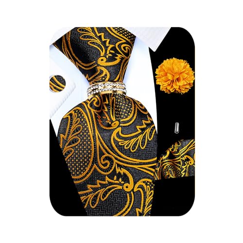 Image of 5PCS Tie and Pocket Square for Men, Silk Necktie and Handkerchief Cufflinks with Gold Ring and Lapel Pin Set