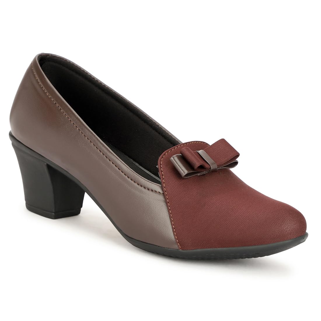 rimezs Women's Two-Tone Bow Pumps, Block Heel Formal Shoes, Brown and Black and Cherry-picture-23